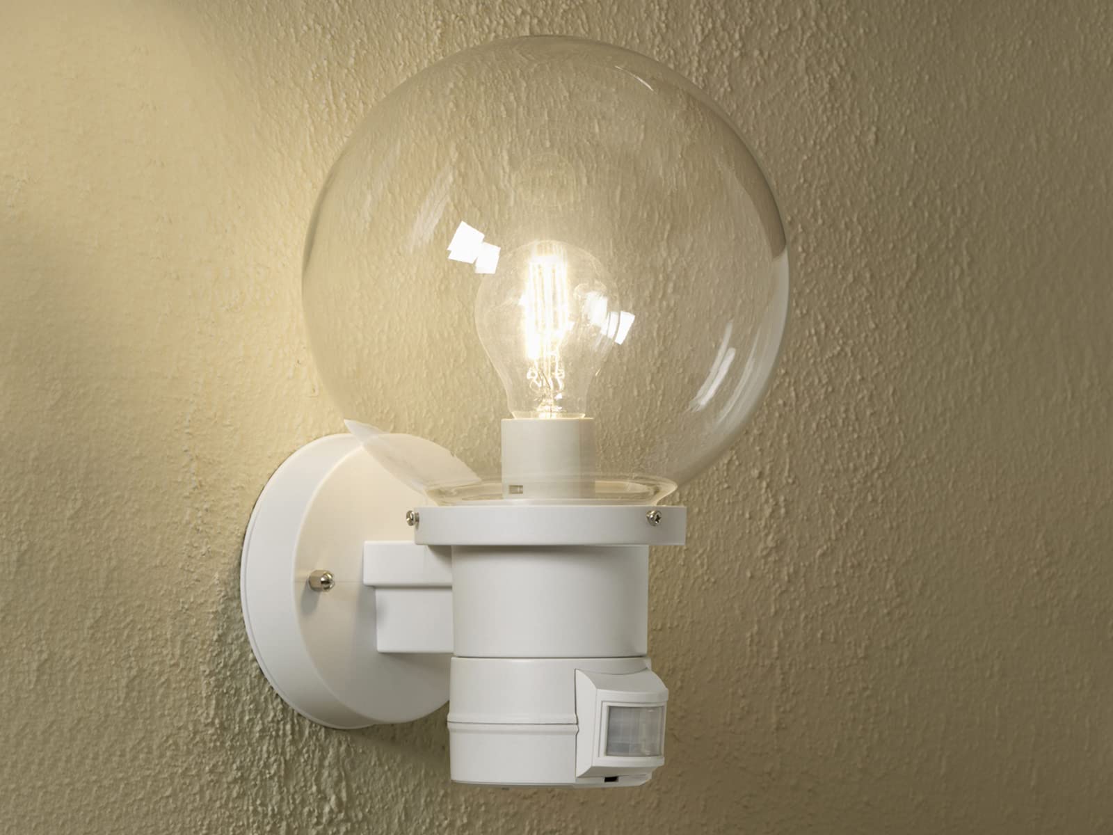 Moderne LED Außenwandleuchte mit Bewegungsmelder und großer Glas Kugel, Weiß
