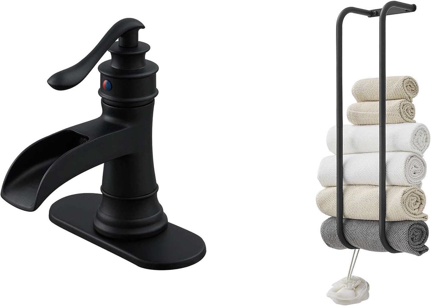 BWE Black Bathroom Faucet Matte Waterfall Sink Farmhouse Bath Vanity Single Hole Faucets Bundle with Tower Racks for Bathroom,Wall Mounted Bathroom Towel Storage,304 Stainless Steel Tower Holder