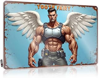 Cave Man Bar Muscular Angel With Wings: The Tooth Fairy'S Guardian Tin Sign Metal Man Cave Decor Sports Bar Decor(20X30CM)