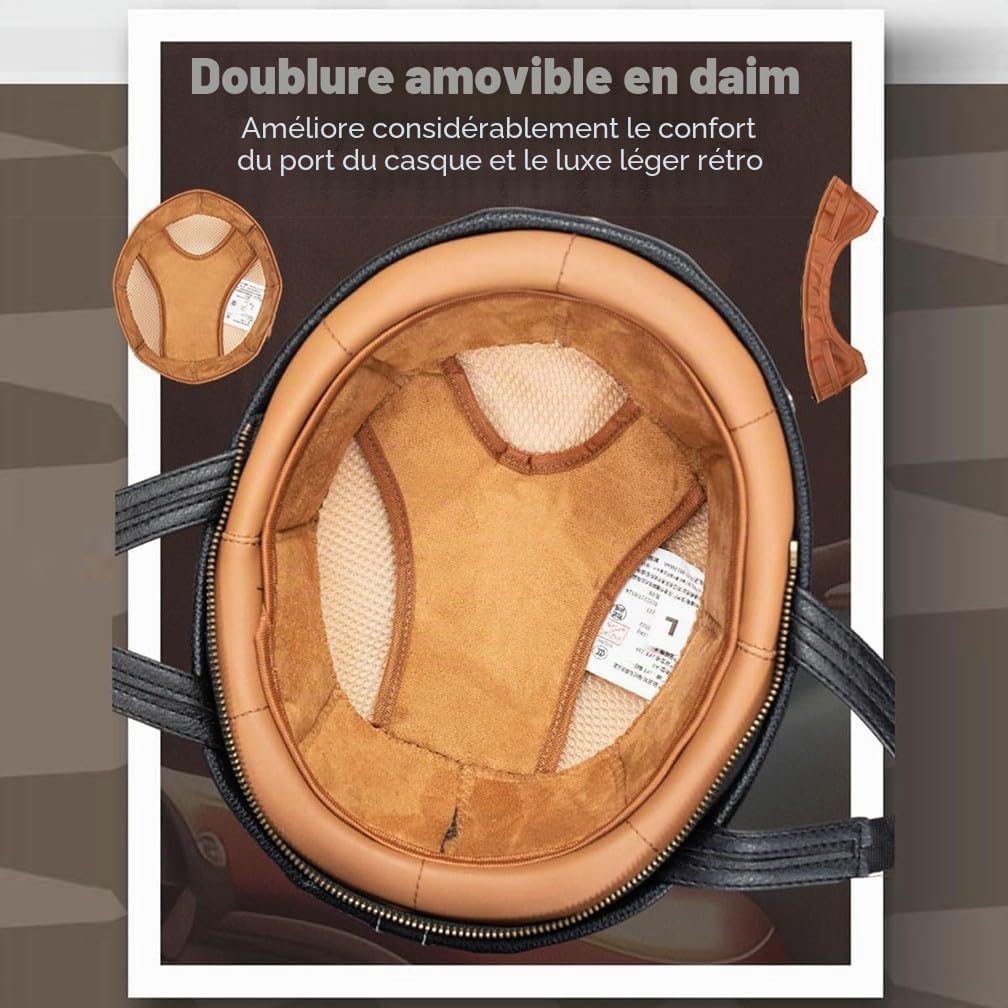 Demi Casque De Moto avec Lunettes Léger Casque Jet Rétro, Demi-Casque Moto Cuir Vintage Homologué ECE, Boucle à Dégagement Rapide Réglable Casque Ouvert pour Scooter Vélo Cruiser