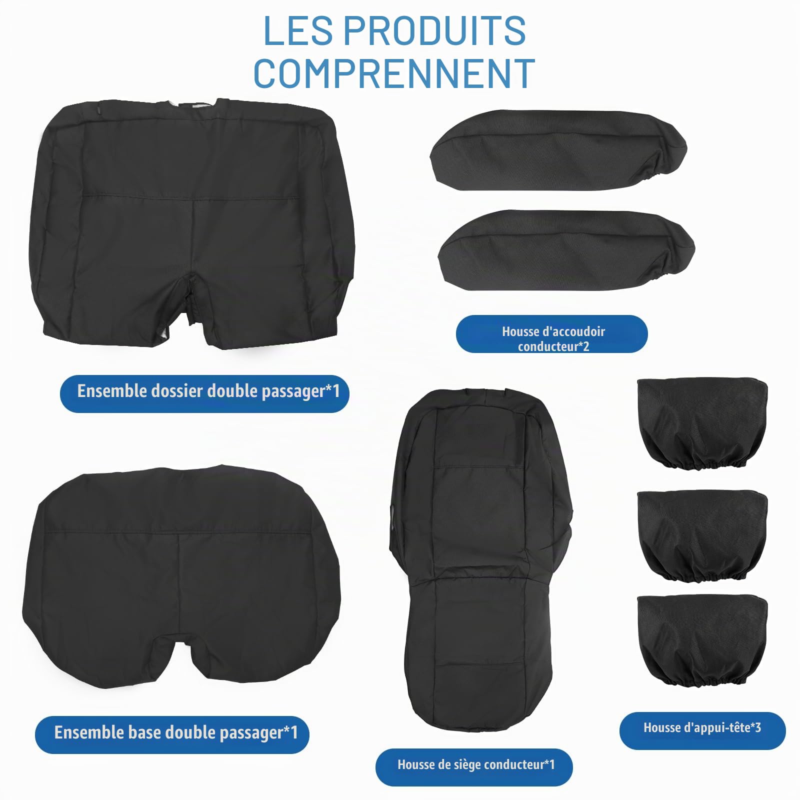 Lot of 8 Housse de Siège pour VW Transporter T5 T6 2015-2022, 3 Places Ensembles de Housse de Protection Siege Voiture Imperméable Noire, Siège Conducteur et Siège Double Passager