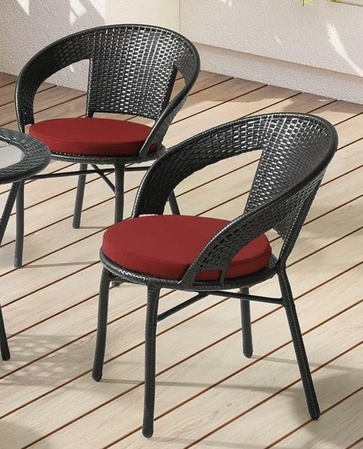 Image of PRATHAM India 2+1 Outdoor Indoor Patio Set Bistro Set Rattan Set Lawn Balcony Outdoor Garden Chair Table Set (Black Chair & Red Cushion)