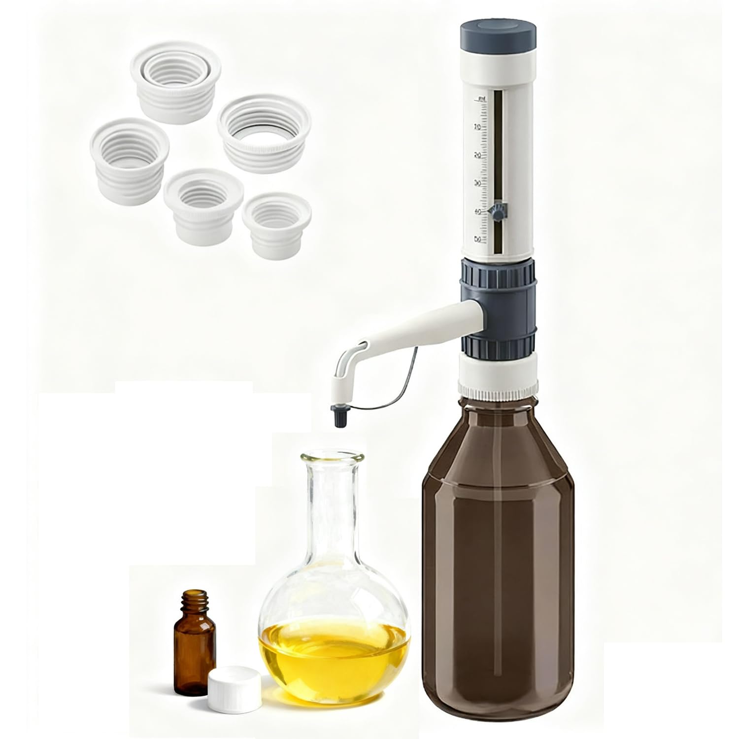 Dispenser chimico con 5 adattatori, valvola anti-gocciolamento, tappo di sicurezza, design ermetico per una misurazione accurata dei liquidi