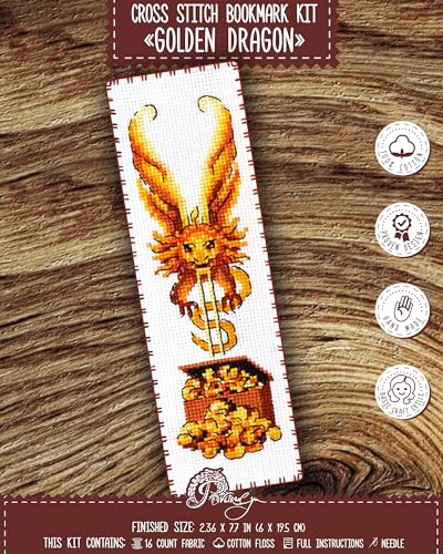 Image of Povitrulya Golden Dragon Counted Cross Stitch Kit - DIY Embroidery Set for Adults with Paper Pattern, 16-Count Aida Canvas and presorted Floss