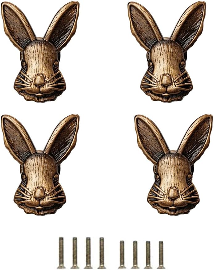 4 Pcs Rabbit Drawer Knobs - Bunny Head Cabinet Handle - Zinc Alloy Decorative Drawer Pulls for Kids Room/Furniture (Antique)