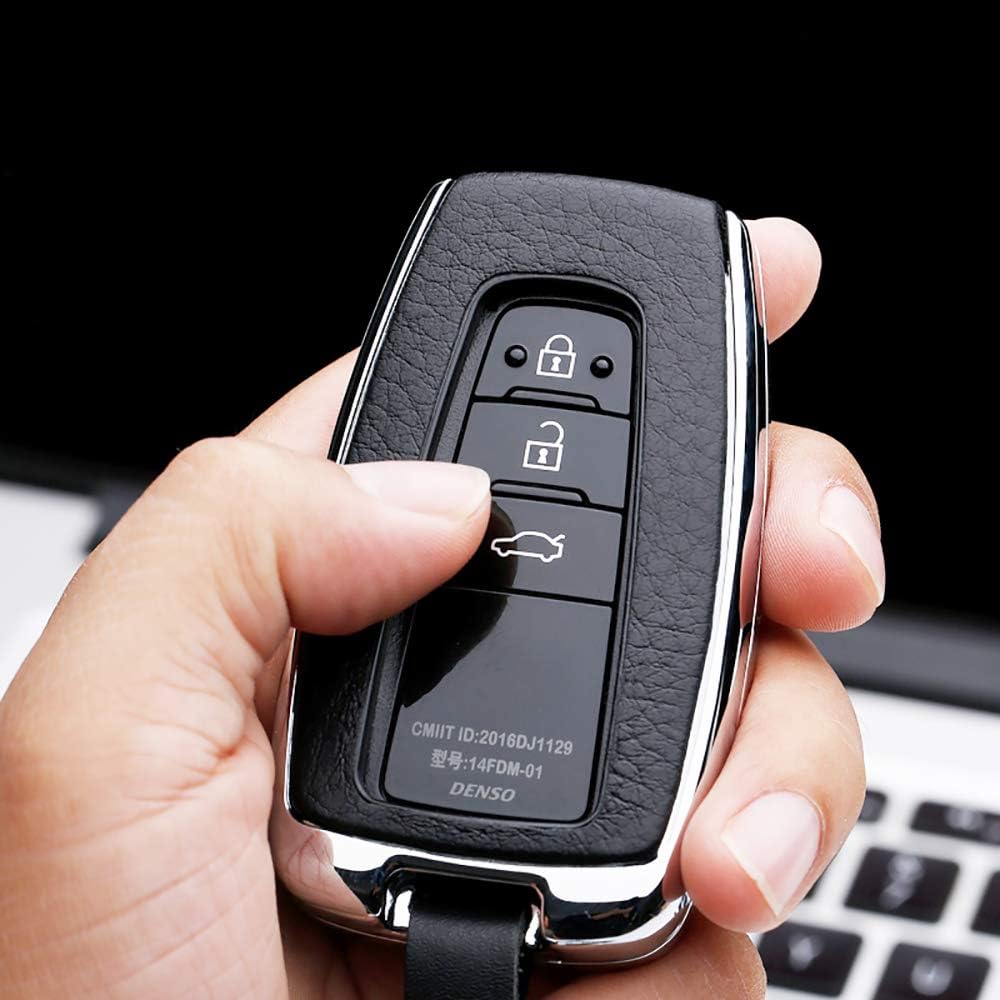 ontto 3 Button Key Fob Cover 360 Degree Full Protector Smart Key Holder Leather Metal Key Shell Fit for Toyota Camry Blue