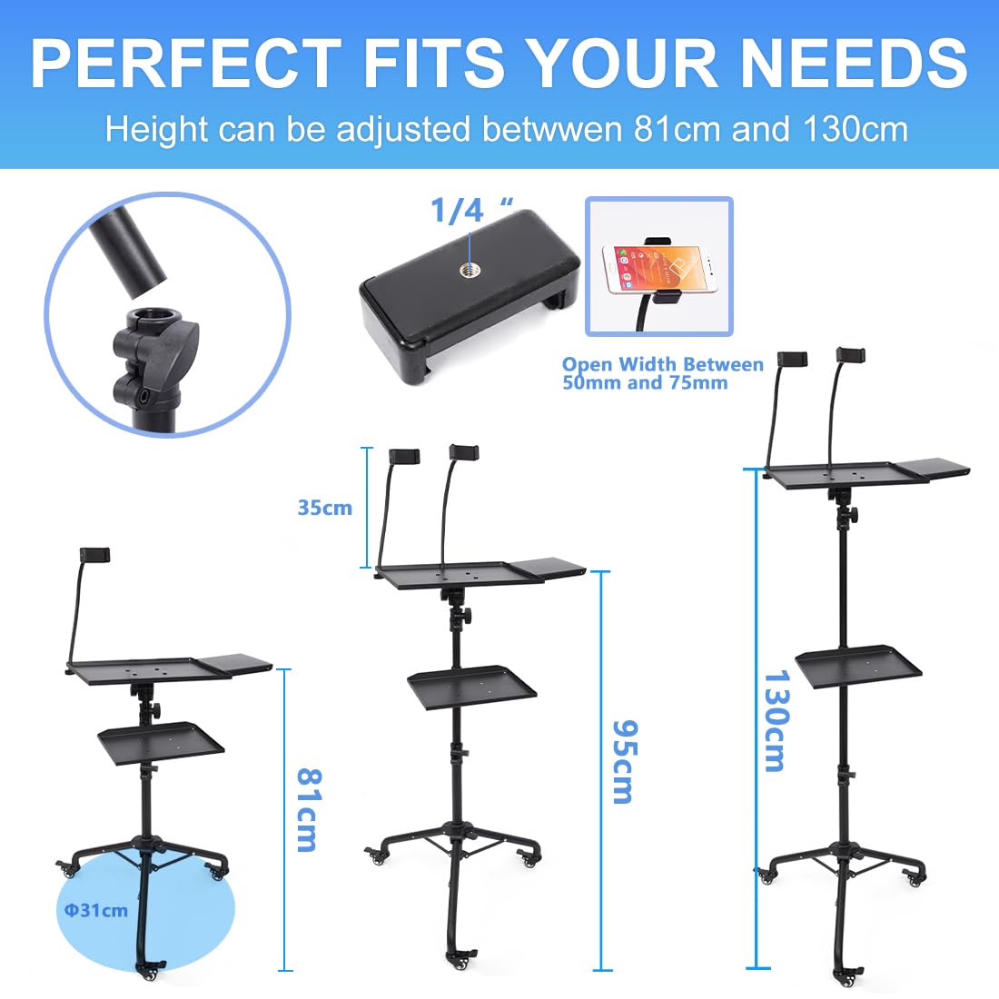 Support de Vidéoprojecteur, Support avec 3 Roulettes, Hauteur Réglable 81-130 cm, Trépied de Projecteur Portable, Projecteur, Equipement