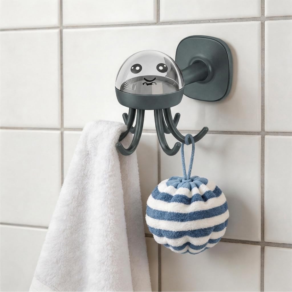 360degree Cute Octopus Adhesive Wall Hooks, No Drill 6 Claw Towel Hanger for Bathroom, Kitchen, Entryway, Organize Keys, Loofahs, Utensils & More