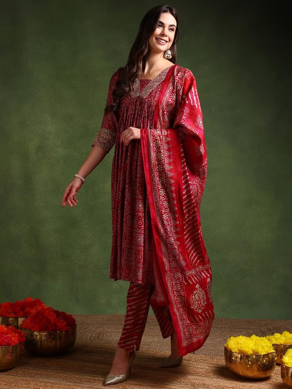 Image of Vaamsi Women's Silk Blend Ethnic Motifs Printed Anarkali Kurta Pant With Dupatta