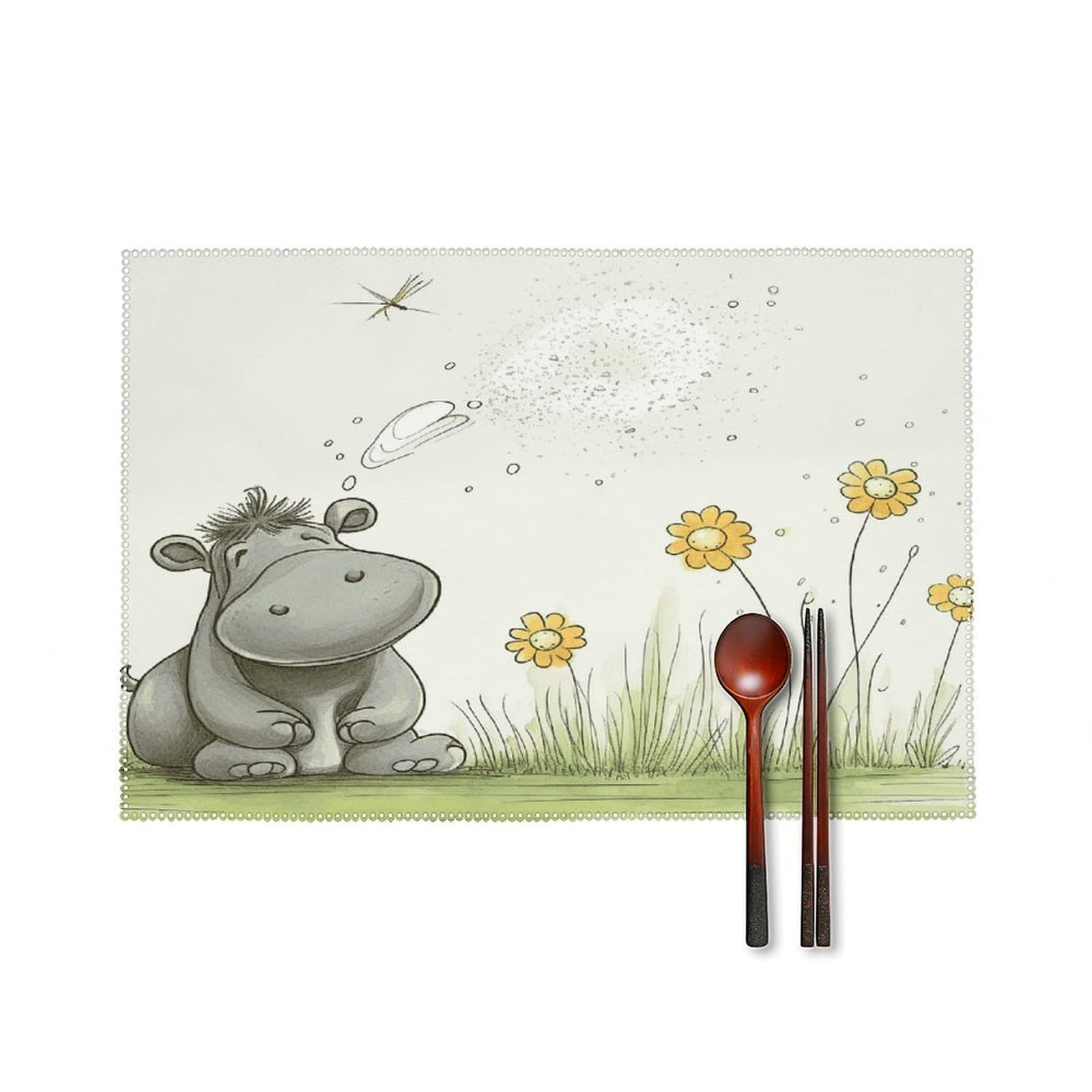Btcowzrv Style Hippo And Dandelion Canvas Placemats Set Of 6, Wipeable Washable Place Mats For Indoor & Outdoor, Table Mat Decor For Kitchen Dining Party