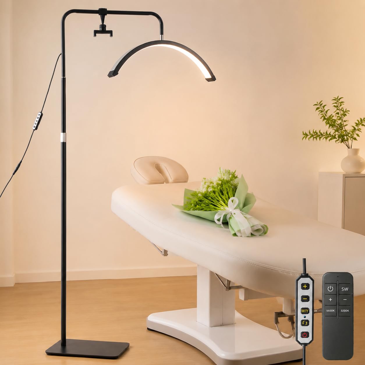 duowelly Led Half Moon Light with Remote Controller, Beauty Salon Lights Floor Standing,Tattoo Lights,Lash Light,Led Arc Floor Lamp for Eyelash Extensions, Skincare, Eyebrows Withe (Black, 36W)