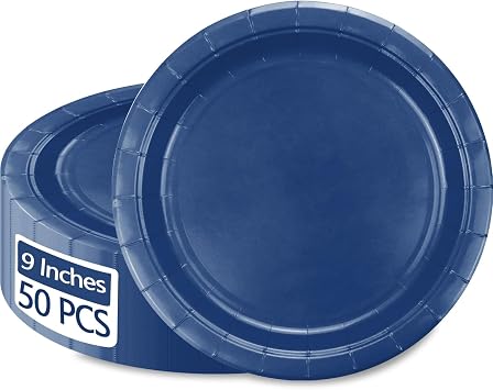 50Pcs Navy Blue Paper Plates - 9 Blue Round Dinner Plates for Valentines,Tea Party, Baby Shower, Birthday, Wedding, Graduation Party Decorations