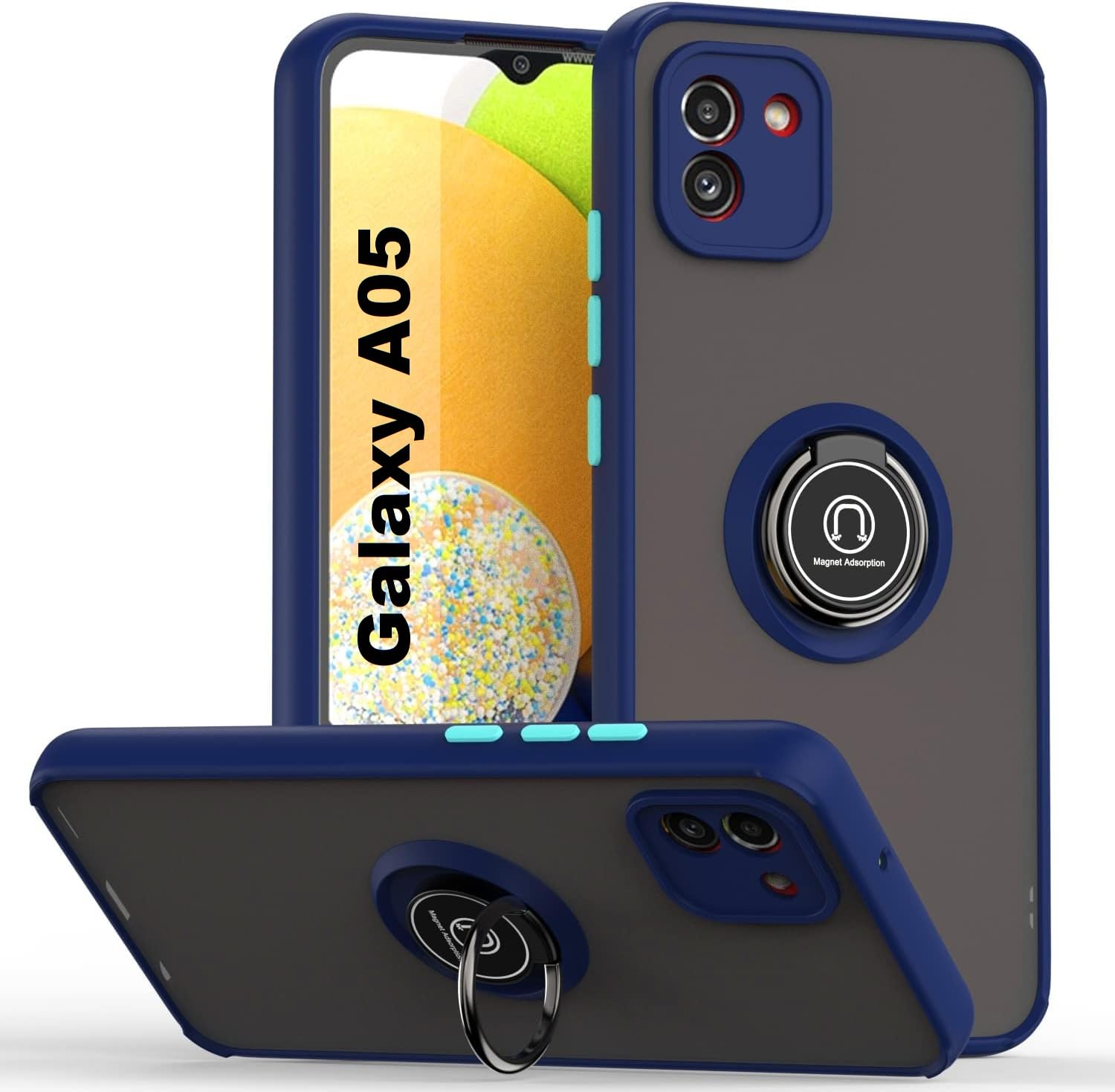 Case for Samsung Galaxy A05 Rotational Metal Ring Kickstand Cover Anti Fingerprint Scratch Resistance Shockproof Matte Finish Hard Back Case Magnetic Car Mount Cover for Samsung Galaxy A05 (Blue)