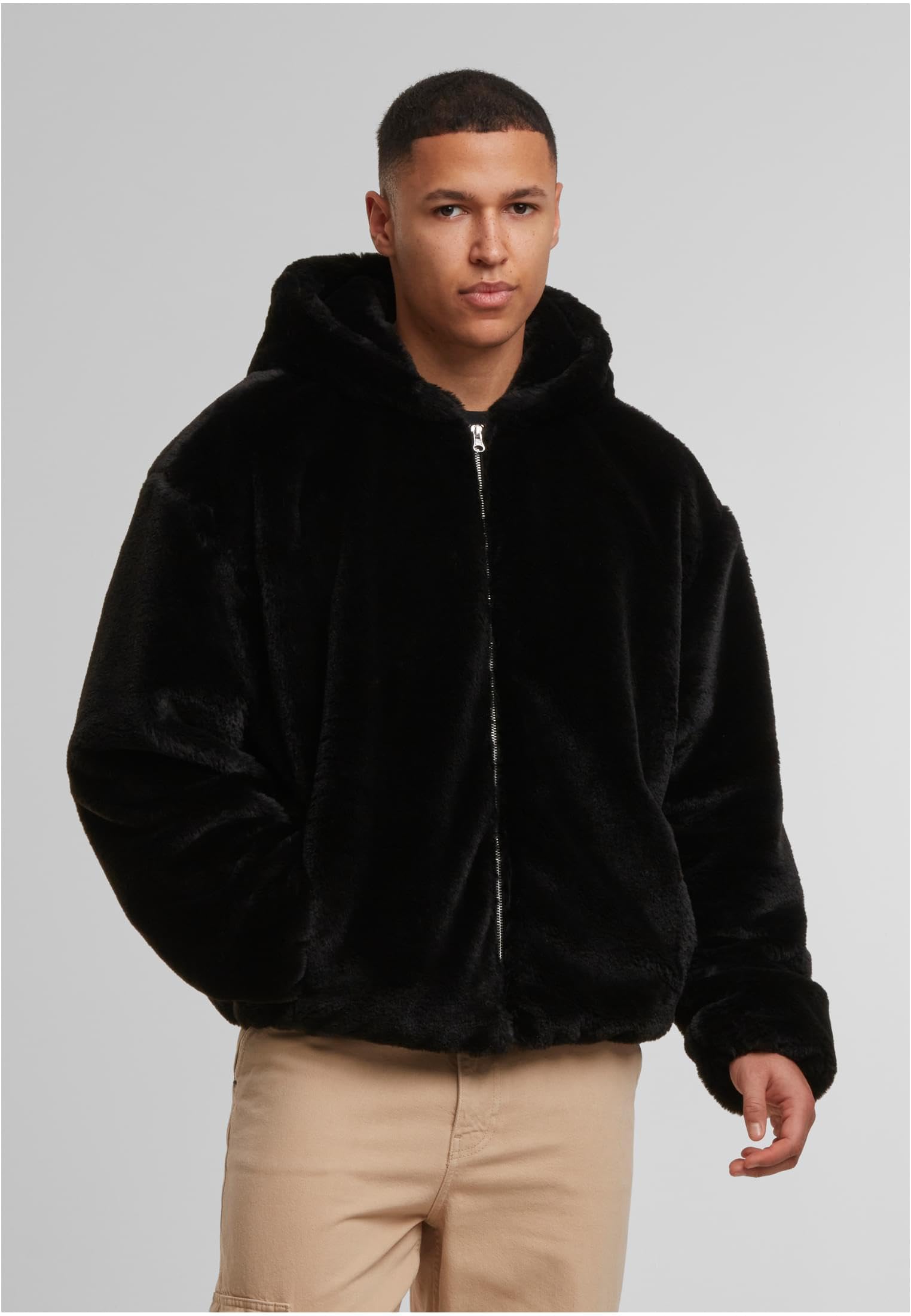 Urban Classics Chaqueta con capucha de felpa sintética y cremallera completa. Hombre Sudadera con capucha Negro