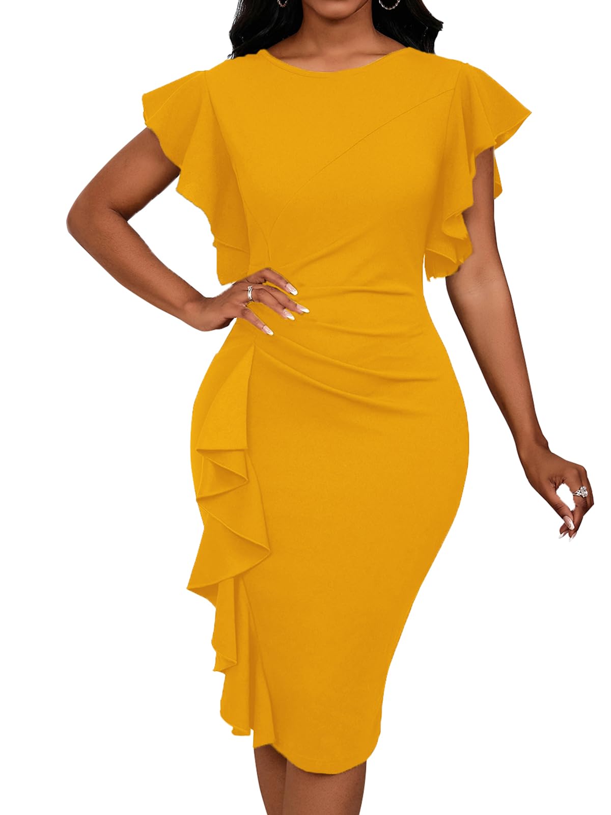 Womens Short Ruffle Sleeve Church Dress 50S Vintage Crew Neck Bodycon Work Pencil Midi Dress