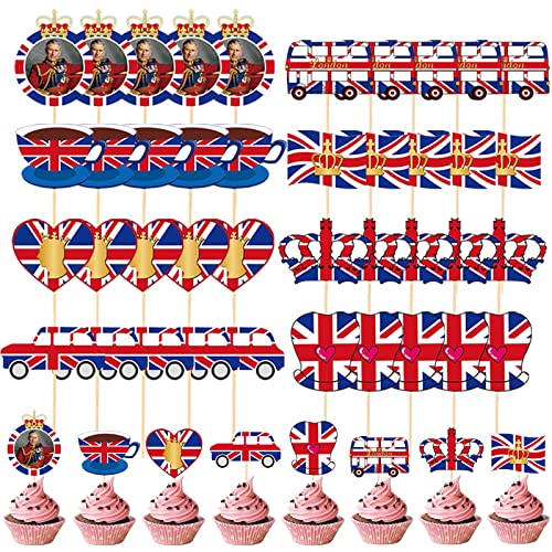 Pack of 40 Union Jack Cupcake Toppers British Flag Cake Toothpick Cocktail Sticks Tableware Party Supplies for Kings Birthday Charles III Coronation British Decorations