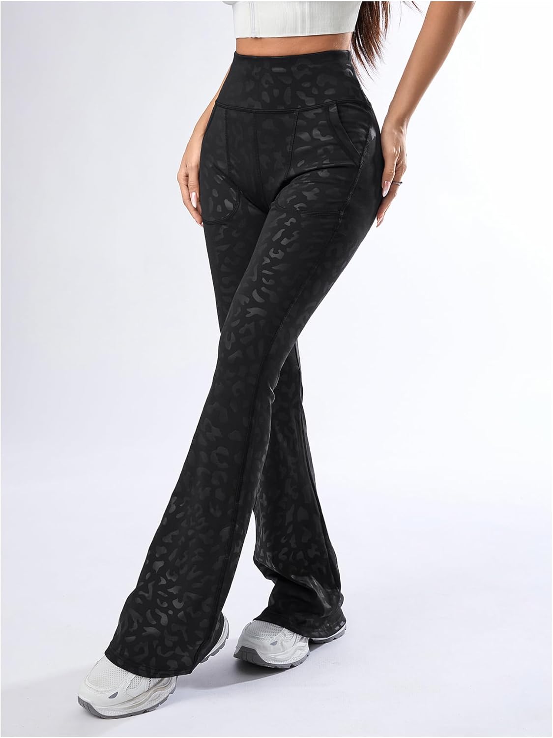 OYOANGLE Women's Leopard Print Flare Leg Yoga Pants Elastic High Waist Skinny Athletic Sport Bell Bottoms with Pocket - Image 3