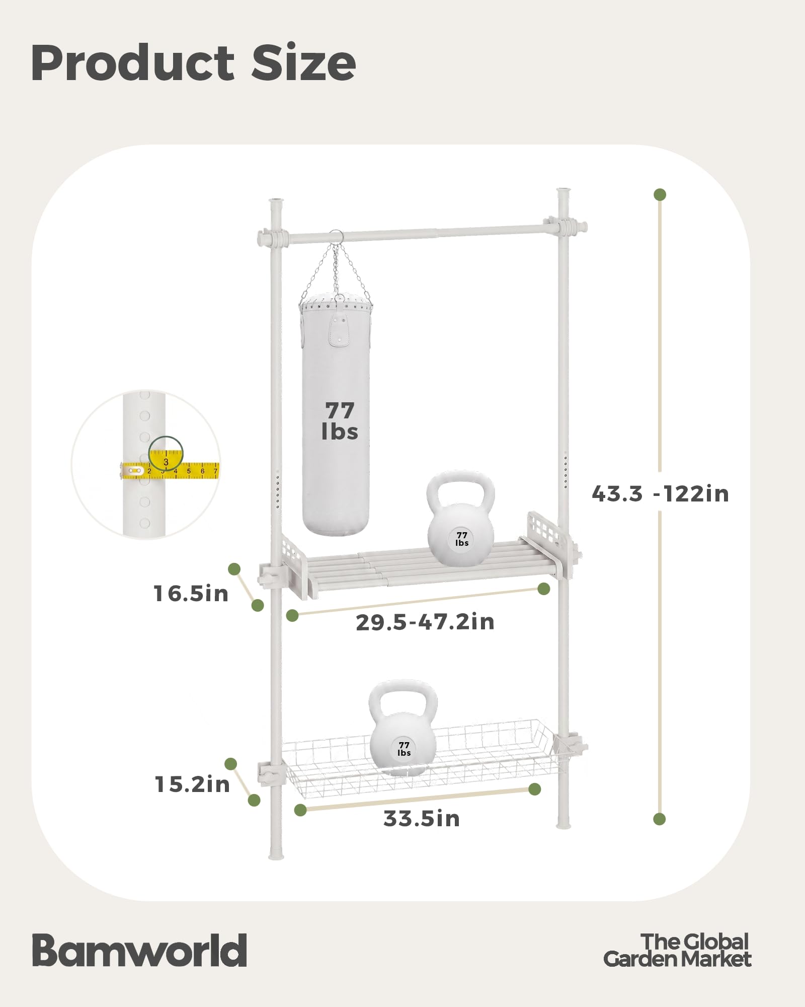 Bamworld Support Plantes Interieur Étagère Plante Télescopique 4 Niveaux Fer Antirouille 110-300 cm Blanc