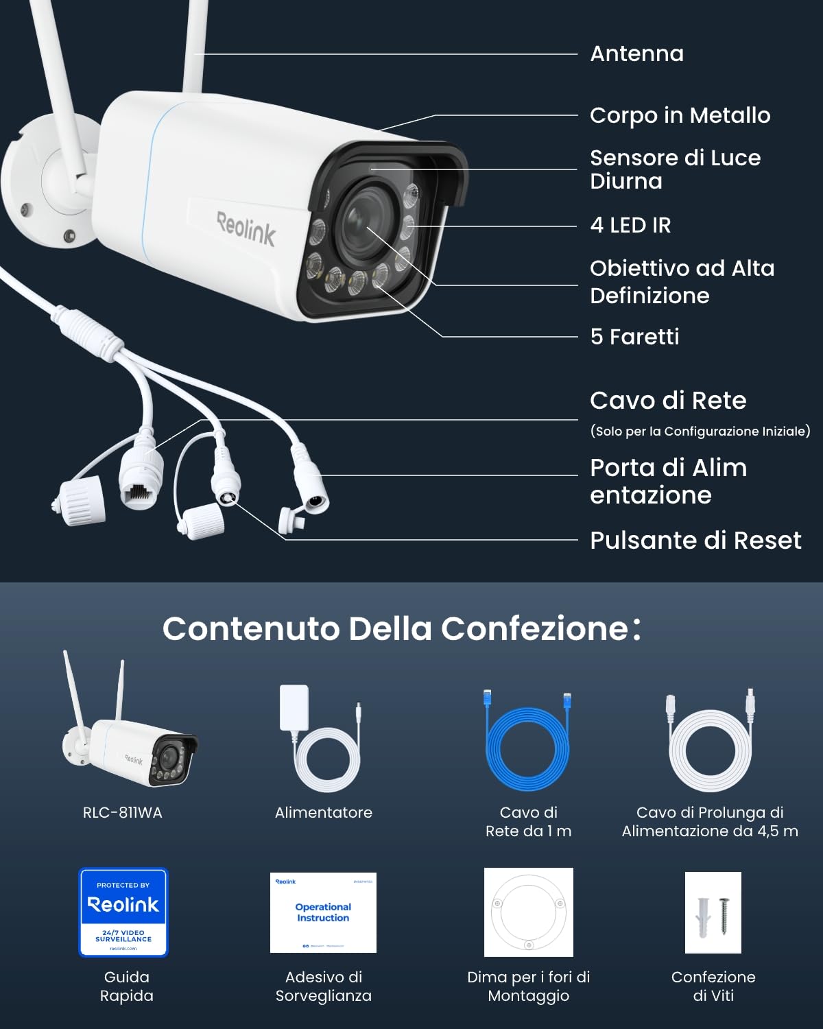 Reolink 4K 8MP Telecamera Wi-Fi Esterno con 5X Zoom Ottico, Rilevamento di Persona/Veicolo/Animale, Videocamera di Sorveglianza con Wi-Fi 6, Visione Notturna a Colori, Audio Bidirezionale, RLC-811WA