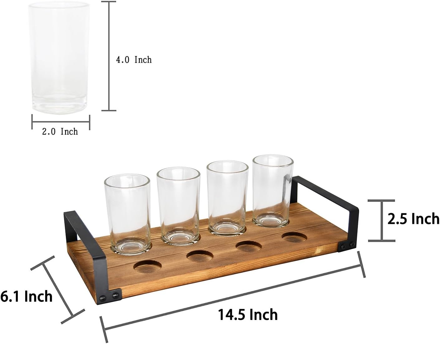 OwlGift Wood Craft Beer Flight w/Bottle Cap Storage Sampler Tray Holder Serving Set w/ 4 Glasses & Black Metal Handles – Dark Brown