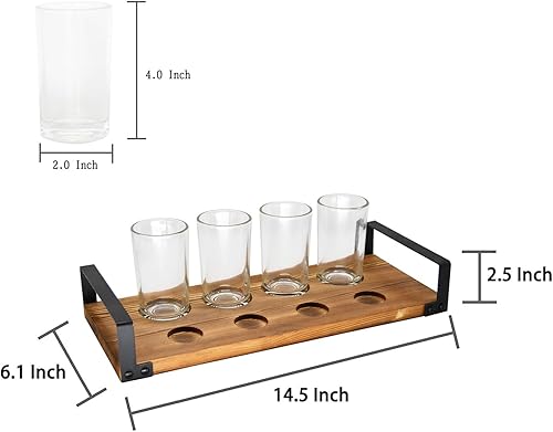 Miniatura 6 de Owlgift Wood Craft Beer Flight con tapa de botella, juego de bandeja de muestras de almacenamiento con 4 vasos y asas de metal negro, color marrón