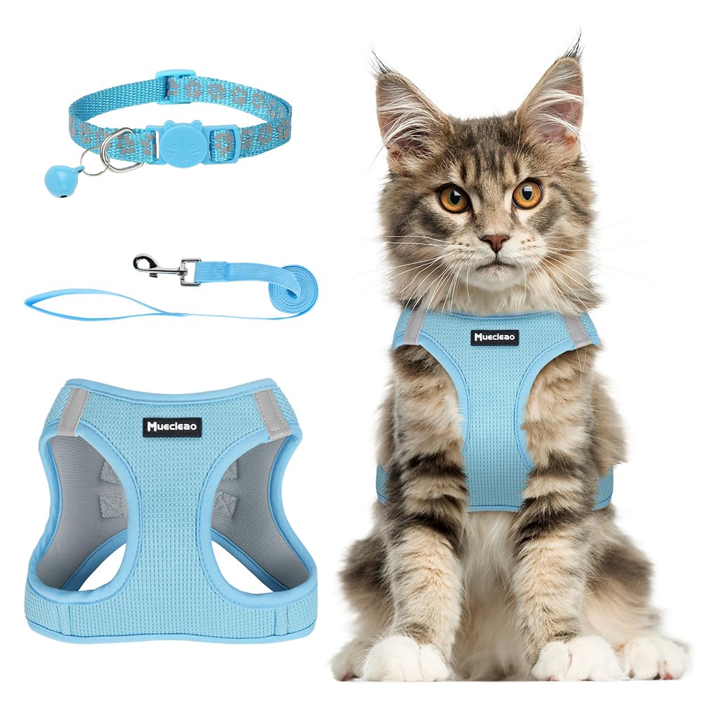Muecleao Cat Harness and Lead Set, Adjustable Cat Harness for Walking Escape Proof, Soft Kitten Harness and Lead Set Vest with Reflective Strip for Cats Dogs Pets Walking (Blue, M(Chest 44-48 cm)) โ image 1