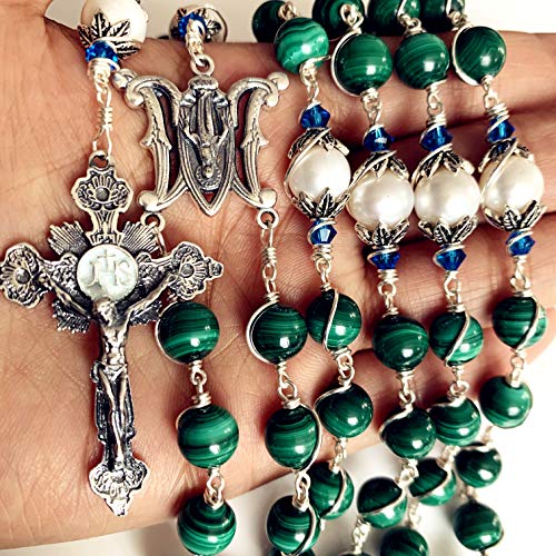 elegantmedical Handmade Sterling Silver Wire Wrapped UNDOUBTED Malachite &10mm Real Pearl Beads Rosary Cross/Crucifix Necklace Box Catholic Womens Gift3