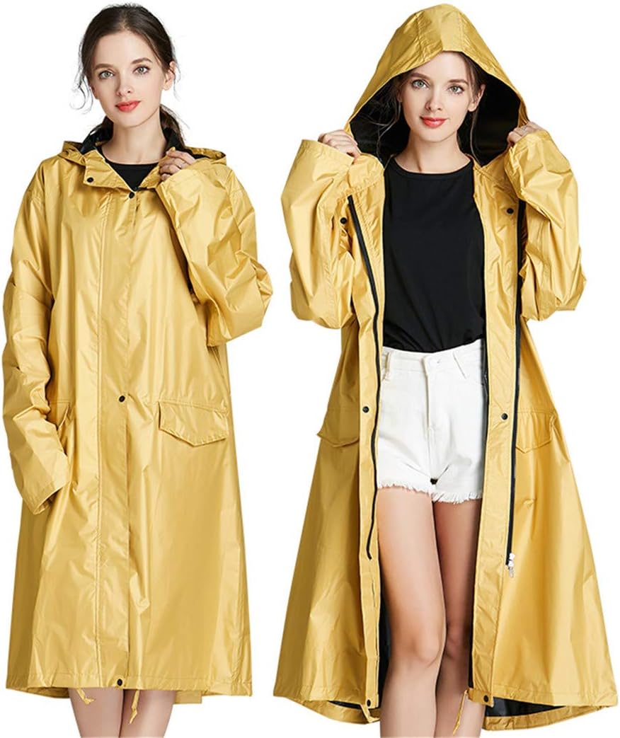 Women's Long Thick Rain Caot Waterproof Raincoat Poncho Cape with Hood Sleeves and Pocket