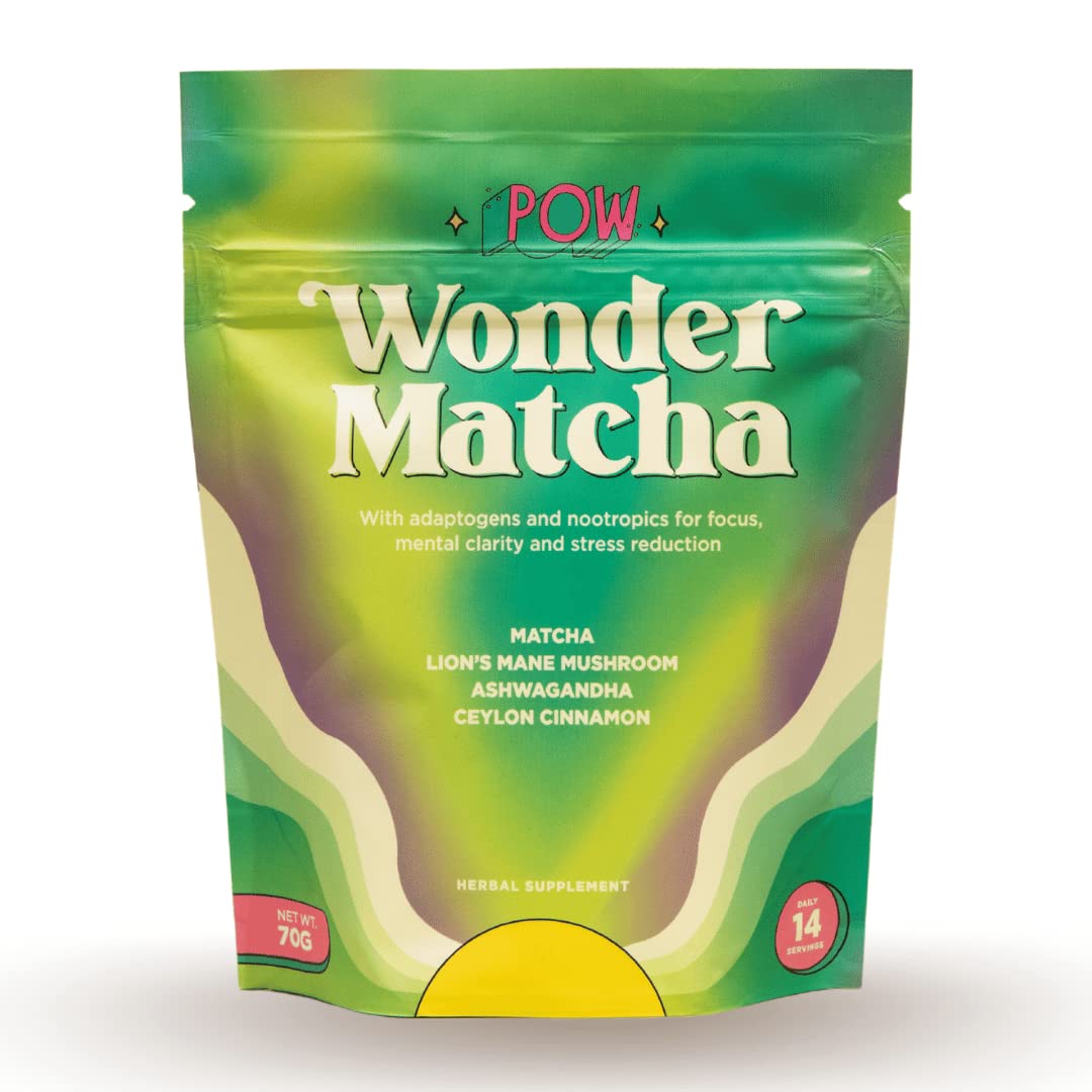 Pow Wonder Matcha | Organic Ceremonial Matcha w/Adaptogens, Mushrooms, Lion's Mane Mushroom and Ashwagandha (Lightly Sweetened | Up to 28 Servings)