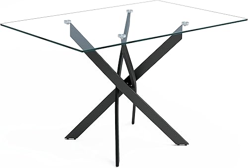 Mesa de comedor de vidrio templado con patas de metal negro, mesa de cocina rectangular moderna de 47 pulgadas para comedor y cocina (47.24 x 31.5