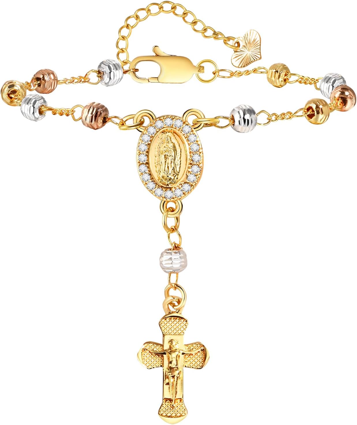 Catholic Crucifix Gifts Rosary Bracelet for Women-14K gold plated Virgin Mary Jesus Cross Charm Link Chain, Dainty Virgen de Guadalupe Religious Gift for Confirmation Baptism First Communion Easter