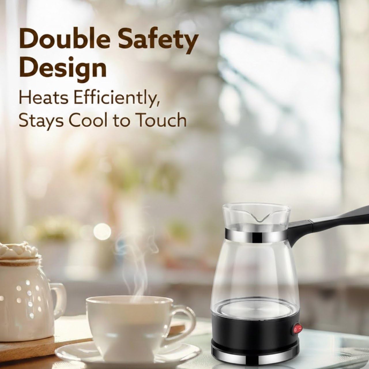 VAMISA Glass Electric Turkish Coffee Maker 0.5L, 600W Fast Boiling Cezve with Cool Touch Handle, Precision Marks, Auto Shut-Off, Portable Coffee Tea Milk Warmer for Travel & Kitchen 3