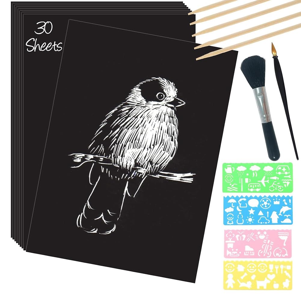 YEHEI Scratch Paper Art Set, 30 Sheets 8x11in Black Coated Scratchboard Large Scratch Paper with Wooden Styluses and Stencils