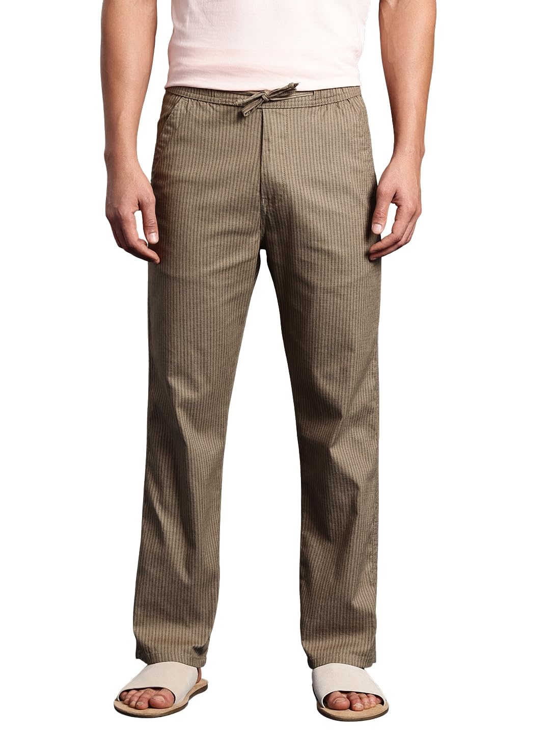 Men's Striped Comfort Fit Casual Linen Blend Trouser Pyjama Lounge Pant-image-44