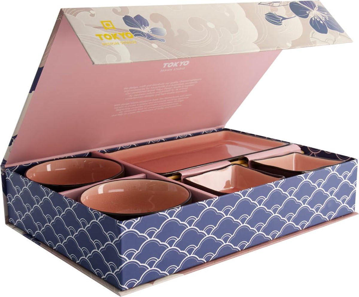 TOKYO design studio, Glassy Pink, Set mit 2 Tellern + 2 Saucen-Schalen + 2 Reis-Schalen+ 2 Paar Essstäbchen, 8-TLG., Steingut