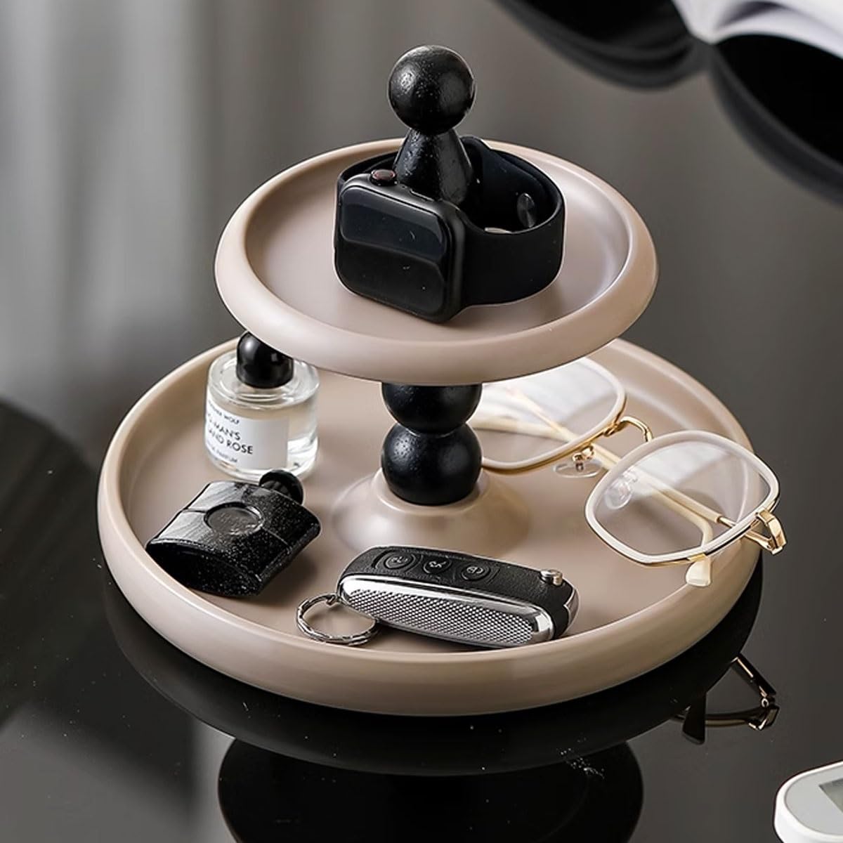 Organizer na biurko z funkcją Valet Tray – Premium PU Leather Catchall Taca Przy łóżku Szafka nocna Stolik nocny Uchwyt na caddy na pilota, klucze, telefon, portfel, biżuterię(Grey,Large size)
