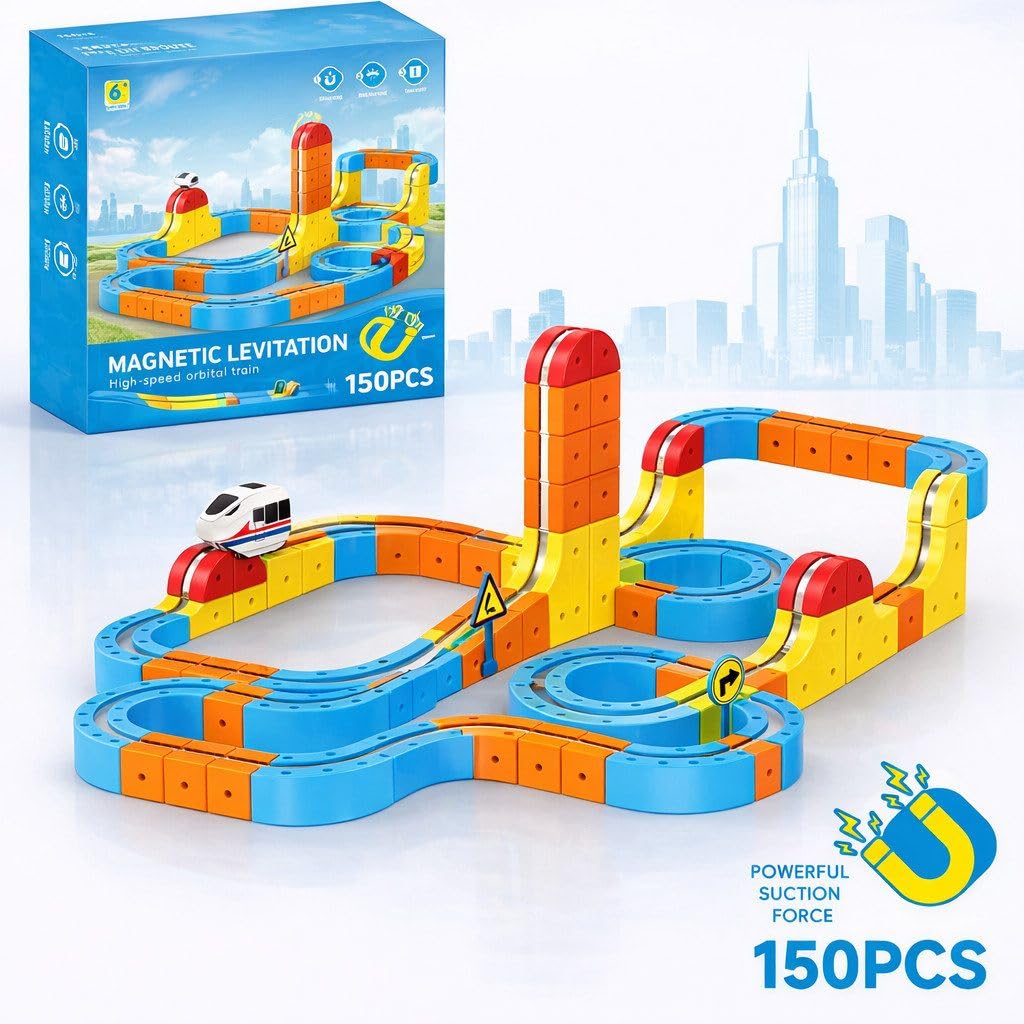 Flexible 3D Rennbahn mit Kurven, Steigungen & Loopings, motorisiertes Fahrzeug, modulares magnetisches Stecksystem, kreatives Bauspiel für Kinder, 56/80/150 Teile Set (150)