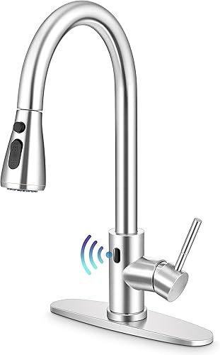 Miniatura 1 de Herogo Grifo de fregadero de cocina de níquel cepillado, grifos de cocina con 2 cabezales rociadores abatibles, grifo de acero inoxidable de arco