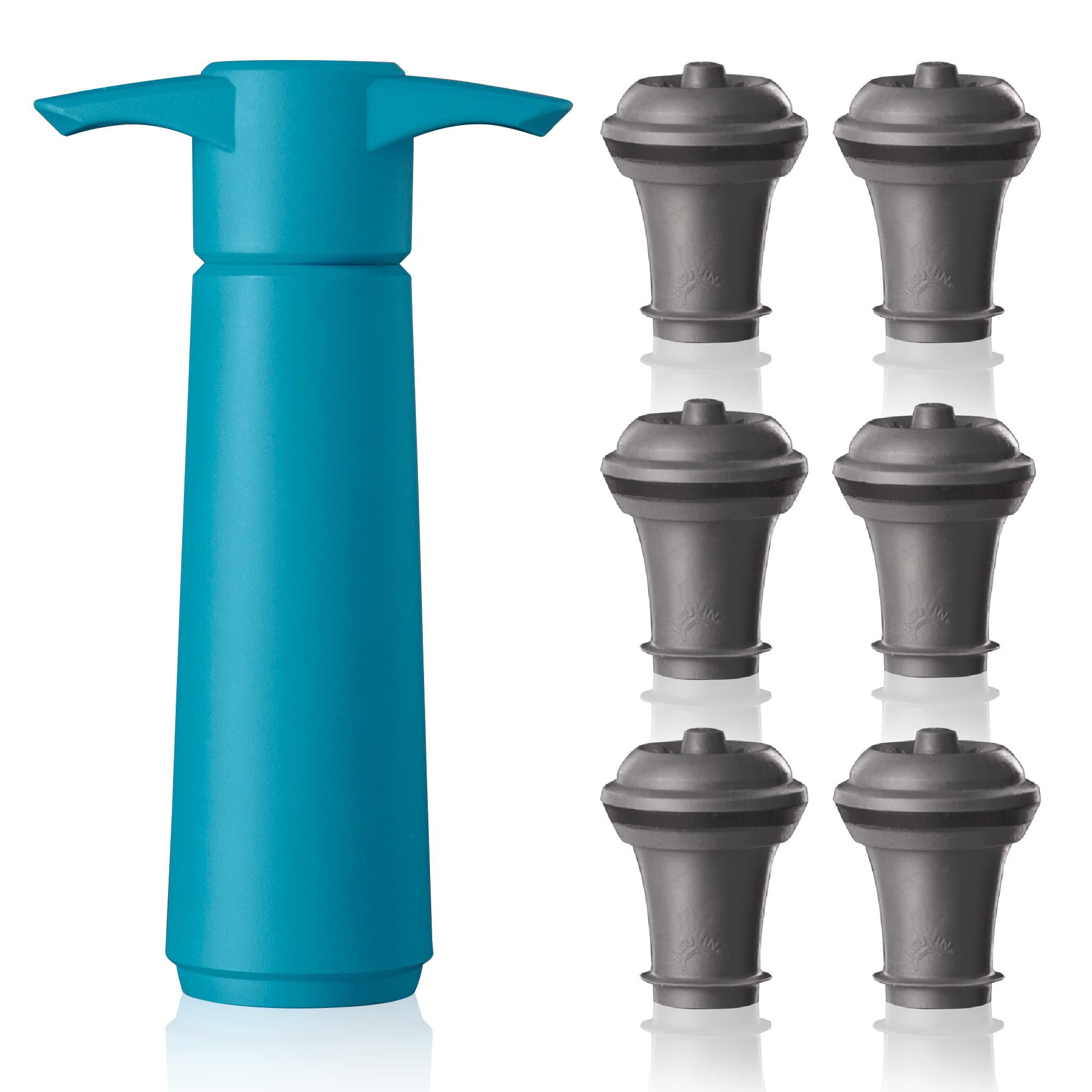 Vacu Vin Blue Pump with Wine Saver stoppers - Keeps wine fresh for up to 10 days (Blue 6 Stoppers)