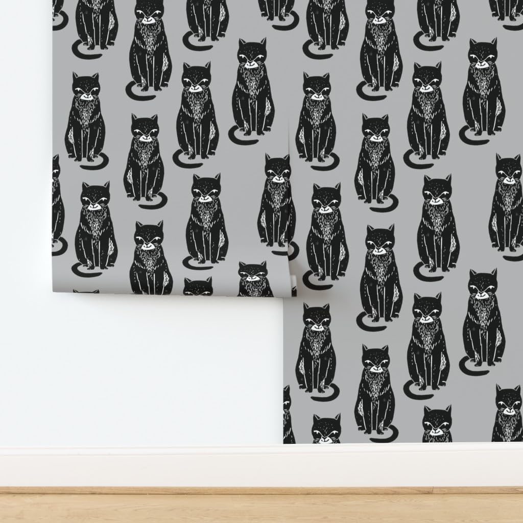 Removable Wallpaper 6ft x 2ft - Cat Grey Cats Cute Block Print Halloween Black Custom Pre-Pasted Wallpaper by Spoonflower
