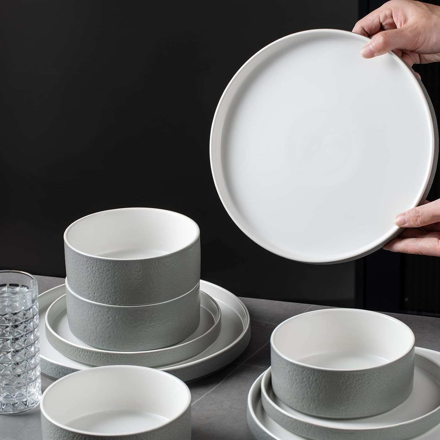 Vajilla para 4 personas, juego de vajilla de gres, 12 piezas, vajilla de porcelana con plato llano, plato de postre, cuencos de cereales, microondas y lavavajillas, resistente a los arañazos