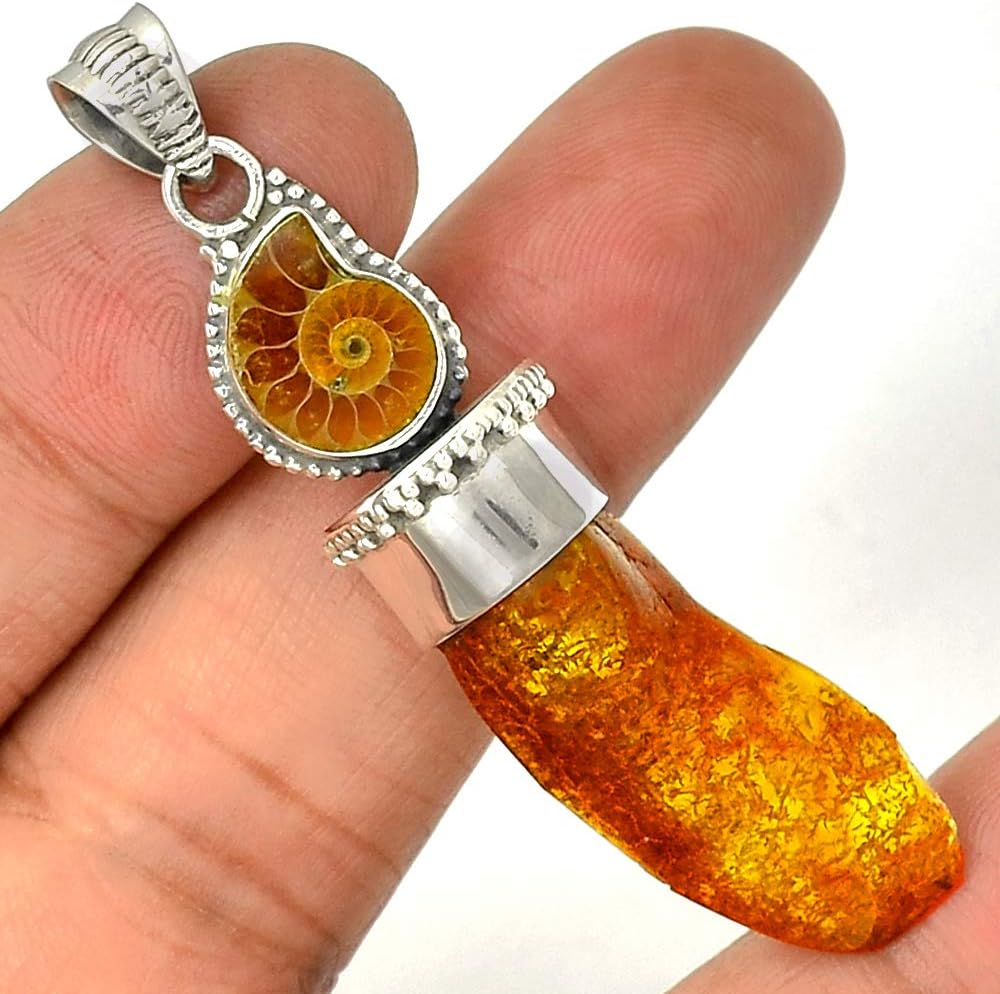 Baltic Amber & Fossil Ammonite Gemstone Pendant Necklace 925 Sterling Silver Jewelry P226