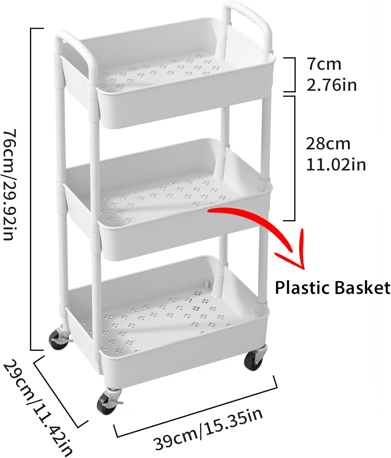 Sywhitta 3-Tier Plastic Rolling Utility Cart with Handle, Multi-Functional Storage Trolley for Office, Living Room, Kitchen, Movable Storage Organizer with Wheels, White - Image 2