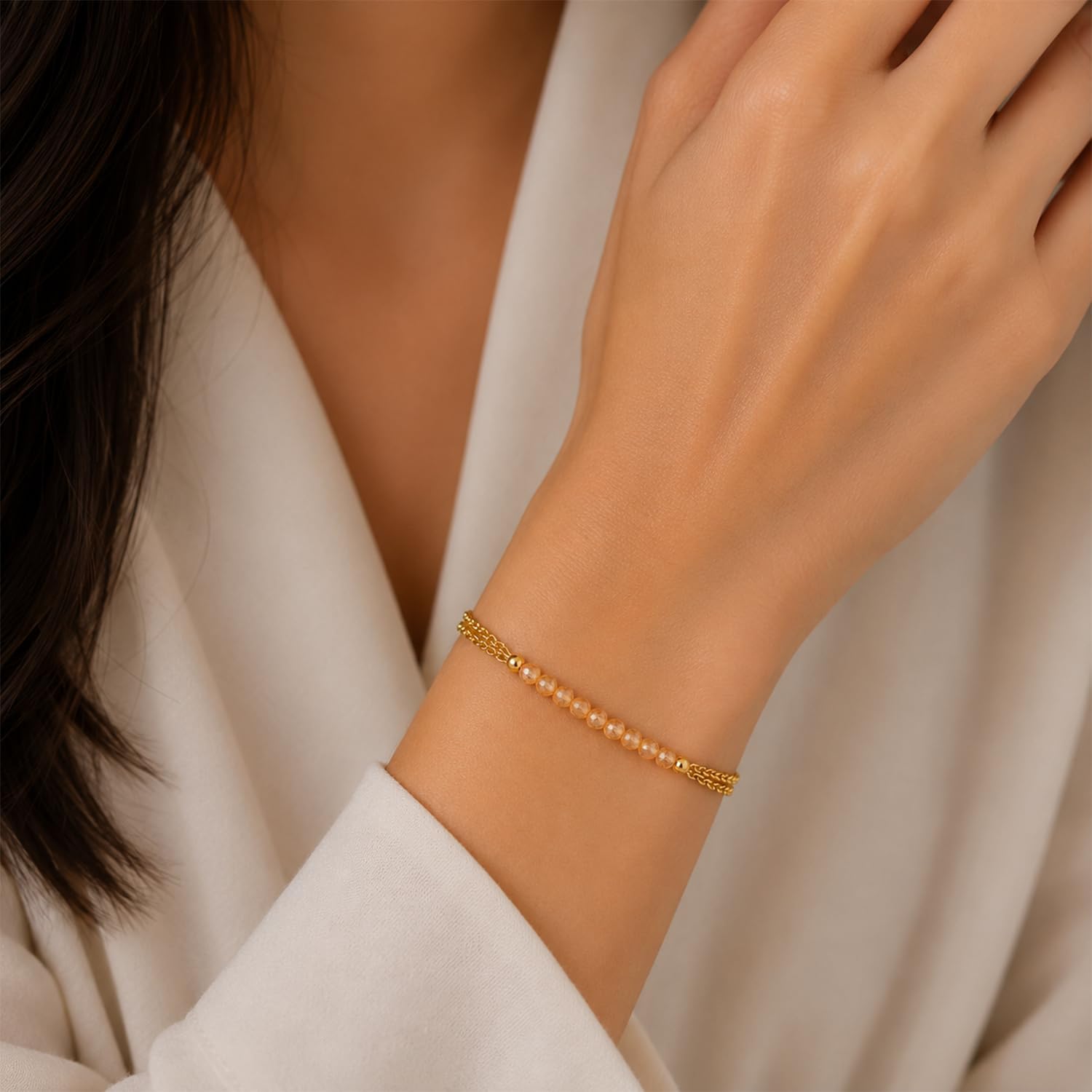 InfinityGemsArt Bracelets for Women Natural Birthstone Micro Beaded Stone Double Chain Drop Crystals Gemstones Bracelet Jewelry, 14K Gold Plated Adjustable Chain