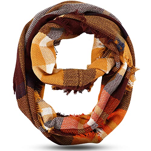 Frienda Winter Plaid Scarf Fall Warm Tartan Scarf Checkered Pattern Circle Loop Wrap