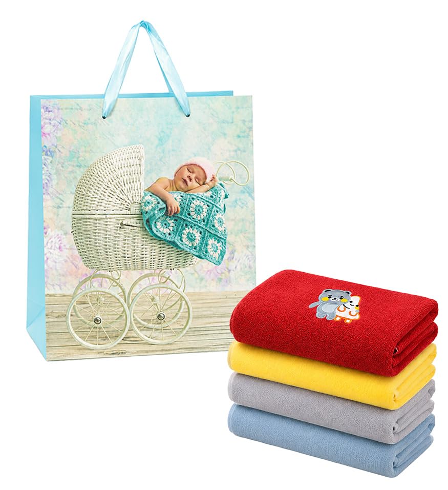 Image of MomCare Newborn Baby Gift Set with Premium Gift Bag & 4 Soft Baby Towels, Multicolor Face Towels for Infants, Baby Shower Gift Hamper, Newborn Essentials Gift Pack for Boys & Girls Multicolor Set Of 4 Pcs