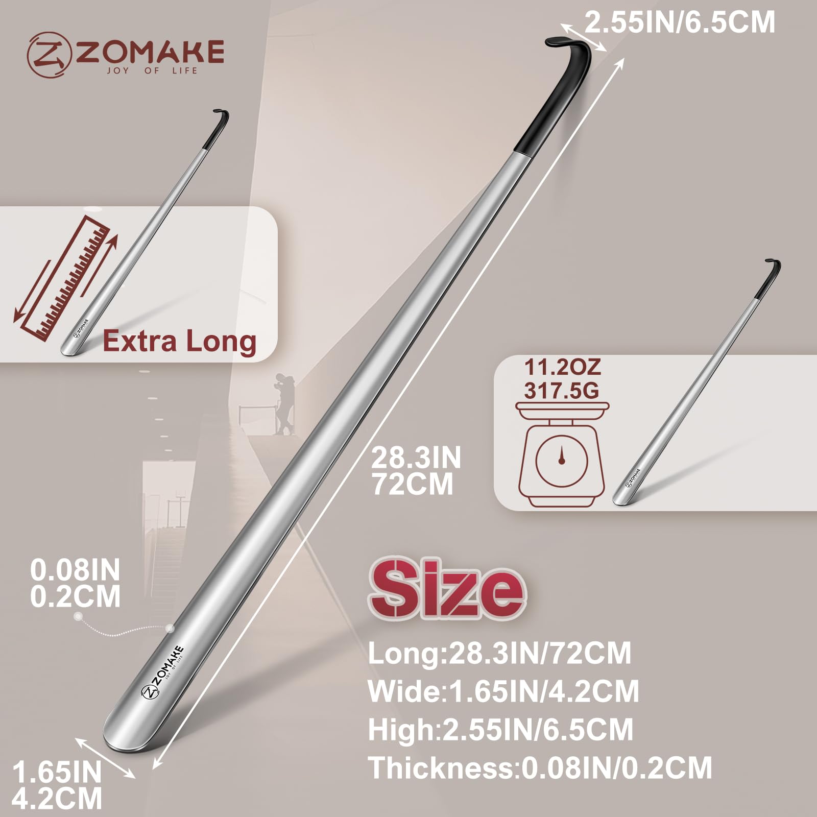 ZOMAKE Chausse Pied Long Metal,72 cm / 80 cm Extra Longue Chaussé Pied Métal Grand Chausse-pieds Long Manche Avec Crochet,Inoxydable Chausse Pieds 19 cm pour Toutes les Personnes
