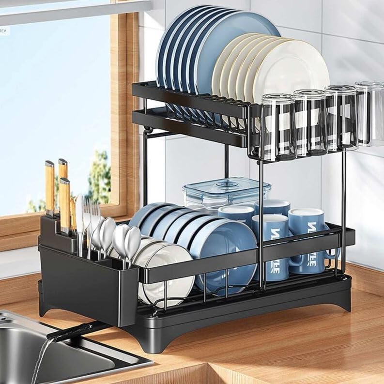 NYTRYD Dish Drying Rack,2-TierCarbon Steel Large Dish Racks with Drainboard,Detachable Dish Drainer Organizer Shelf,Space Saving Dish Rack for Kitchen,Drying Rack for Dishes, Knives, Spoons and Forks (B0CH1D8VPJ) Amazon Price History, Amazon Price Tracker