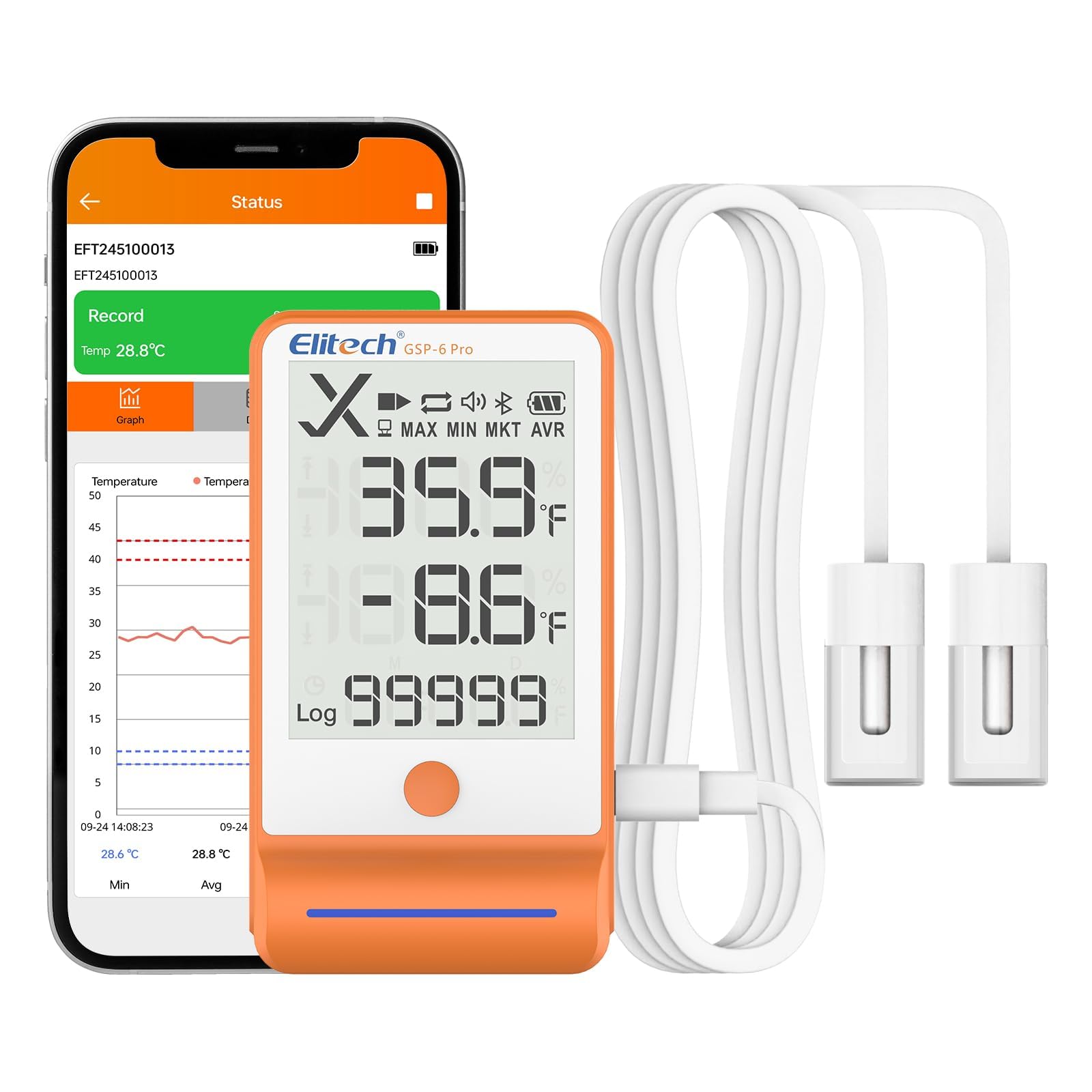 Elitech Registrador de Temperatura Bluetooth con 2 Sondas de Congelamiento con Shadow Data, Informe PDF CSV 100.000 Puntos, Certificado de Calibración para Refrigerador de Farmacia, MAX MIN AVR MKT