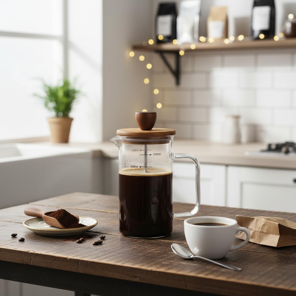 Deconox Akasya Ahşap Kapaklı Borosilikat Cam French Press - Ölçü Çizgili Kahve ve Çay Demliği (350ml ve 600ml Boy Seçenekli) (600ML)